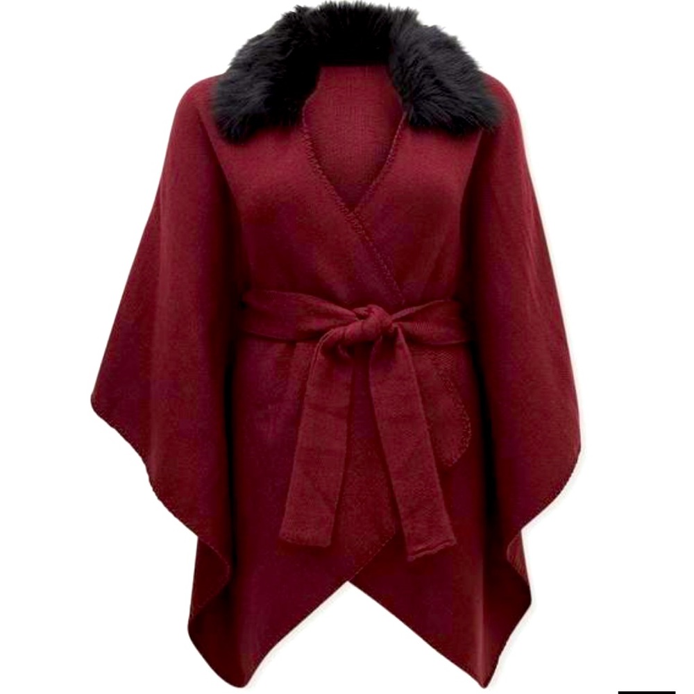 Fur Trim Belted Ruana (Maroon/Burgundy)